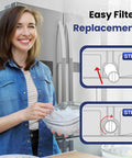 Woman holding ice tray next to fridge with Samsung Fridge Water Filter Replacement 2900020B 4 pack installation steps.