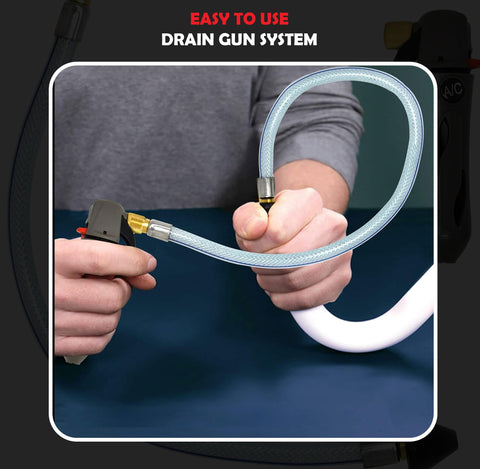 Gallo Drain Gun With CO2 Cartridges For AC Condensate Lines in use, showcasing hose and compact design in a practical setting