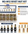 77 Piece Rivet Nut Kit With Carbon Steel Head Tool Set Includes M3 To M12 Mandrel Heads And 70 Threaded Rivet Nuts for metal panels