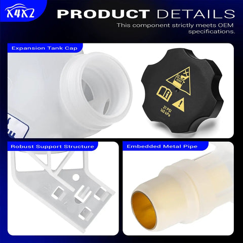Front Engine Coolant Reservoir Radiator Expansion Tank With Cap Fits Jeep Compass Renegade And Fiat 500X showing cap, support structure, and metal pipe details.