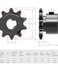 Technical diagram of Beefy 9 Tooth Roller Chain Sprocket For One Quarter Inch Pitch, 8mm Bore, Hardened Teeth, Black Oxide C45 Carbon Steel.