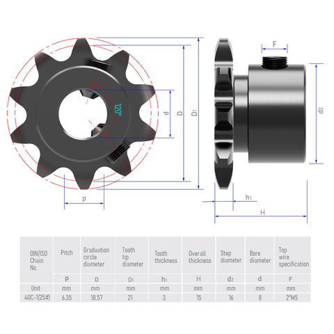 Technical diagram of Beefy 9 Tooth Roller Chain Sprocket For One Quarter Inch Pitch, 8mm Bore, Hardened Teeth, Black Oxide C45 Carbon Steel.