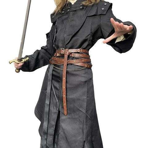Person wearing Snag This Fresh Medieval Faux Leather Wrap Belt with chain details and sword, showcasing vintage style.