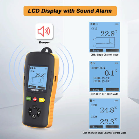 LCD display and side view of Two Channel K J T Thermocouple Data Logger With USB Temp Recorder and Dual Probes, Auto Report.