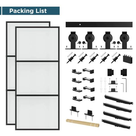 Sturdy Metal And Glass Sliding Double Barn Door With Hardware Kit 48 By 84 Inches Soft Close Included Rust Resistant