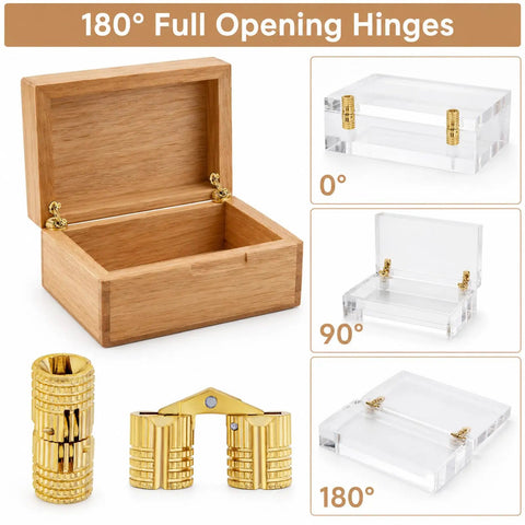 Built to Last Sleek Concealed Brass Barrel Hinges Set With 8mm Drill Bit and 180 Degree Opening, displayed with jewelry box