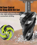 All In One Step Drill Bit Set With Countersinks For Metal Aluminum Wood Plastic, Four Spiral Flute close-up view in operation