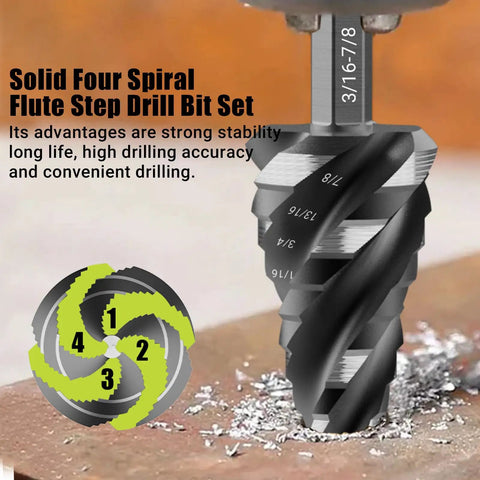 All In One Step Drill Bit Set With Countersinks For Metal Aluminum Wood Plastic, Four Spiral Flute close-up view in operation