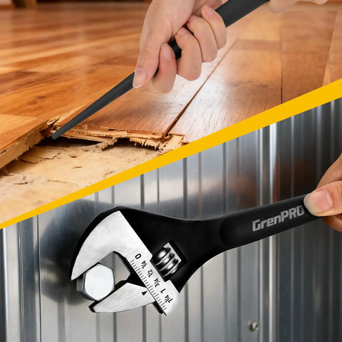 4 Piece Adjustable Spud Wrench Set With Gloves For Heavy Duty Worksite Use, showing spud end prying wood and wrench tightening bolt.