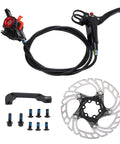 Front And Rear Disc Brake Kit For Road And Mountain Bikes Featuring Rapid Cooling Rotors And Dependable Stopping Power Built To Rip Trails And Shred Daily Rides In Matte Black components including lever, hose, and rotor.