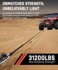 Beefy Heavy Duty Tow Rope Kit With 2 Soft Shackles For ATV UTV SUV And Truck Recovery, 7/16 Inch By 30 Feet UHMWPE Tow Strap Delivers 31,200 Lbs Break Strength, Synthetic Towing Rope For Off Road Rescue attached to a Jeep on sand.