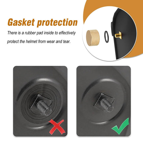 Close-up of gasket protection showing Dope Gold Aluminum Anodized Welding Hood Fasteners Set for Pipeliner Style Helmets.