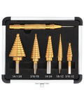 Step Drill Bit Set Unibit 5 Piece HSS Titanium Coated With Automatic Center Punch And Aluminum Case organized for various uses