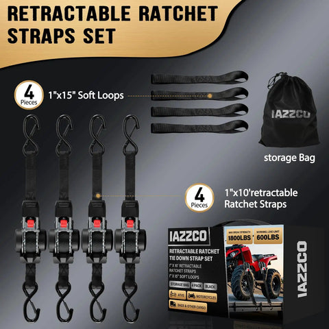 1 Inch By 10 Feet Heavy Duty Retractable Ratchet Straps 4 Pack 1800 Lb Break Strength Auto Retract Webbing in storage bag