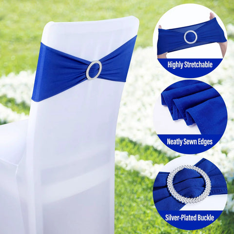 Royal Blue Spandex Chair Sashes Set Of 30 With Buckle Slider Universal Elastic Bands For Wedding Banquets And Party Decor on chair