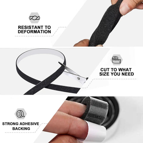 Easy Peel And Stick Weather Stripping Door Seal Foam Tape showing cutting, black foam, and adhesive backing details.