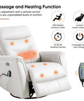 Power Adjustable Faux Leather Recliner Chair For Adults With Massage And Heat, Oversized Rocker And Swivel Recliner, Beige, USB Port