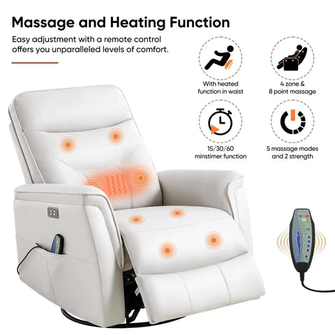 Power Adjustable Faux Leather Recliner Chair For Adults With Massage And Heat, Oversized Rocker And Swivel Recliner, Beige, USB Port