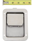 Beefy Non Locking Standard Flush Single Point Latch In Polished Stainless Steel With Bolt On Mount For Truck Tool Boxes, Trailers, Campers And RVs, Silver Finish shown with measuring tape