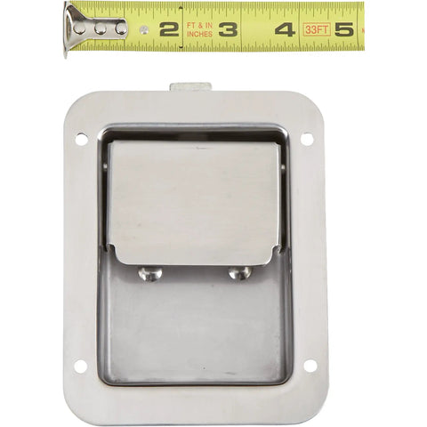 Beefy Non Locking Standard Flush Single Point Latch In Polished Stainless Steel With Bolt On Mount For Truck Tool Boxes, Trailers, Campers And RVs, Silver Finish shown with measuring tape