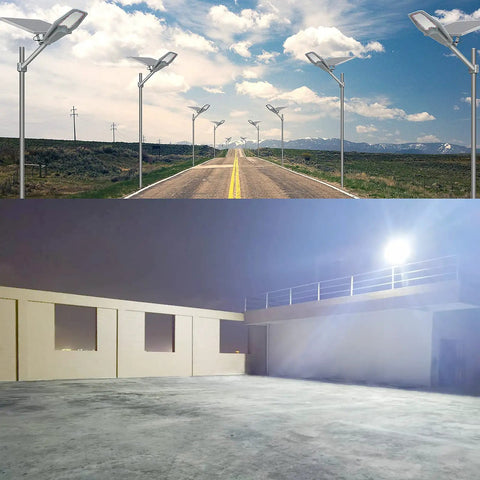 Next Level 400W Solar Street Light With 40000 Lumens illuminating road and courtyard, showcasing daytime and nighttime settings