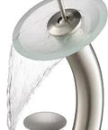 Single Lever Vessel Glass Waterfall Bathroom Faucet in Satin Nickel with Frosted Glass Disk and Matching Pop Up Drain