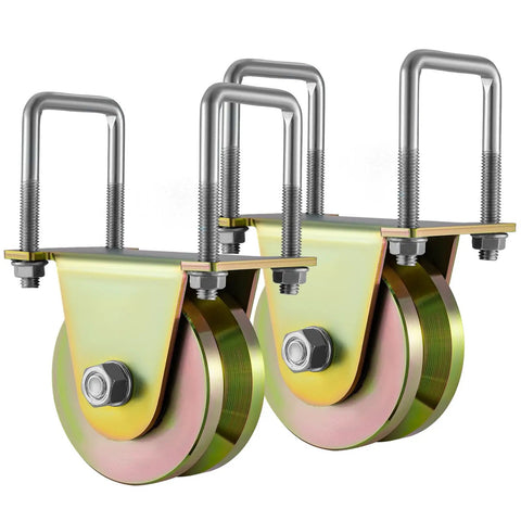 Smooth Operator 4 Inch Crowned V Groove Sliding Gate Rollers Double Bearing Wheels close-up, heavy-duty metal design with U brackets.