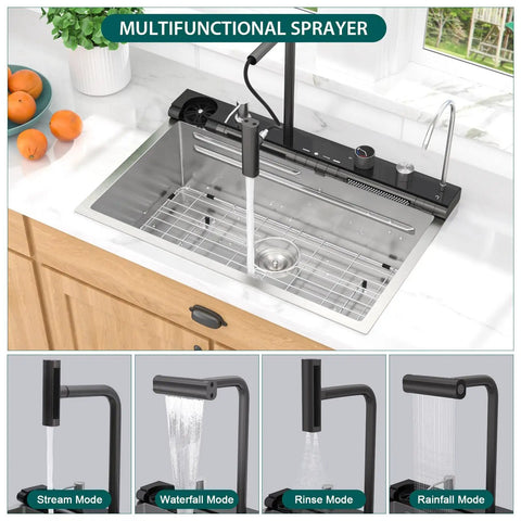 Slick Smart Waterfall 30 Inch Drop In Kitchen Sink With Single Bowl, 16 Gauge 304 Stainless Steel Workstation and multifunction spray modes