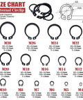 External Circlip Snap Retaining Ring Kit Alloy Steel 150 Piece Assortment For 4mm To 28mm Sizes size chart diagram.