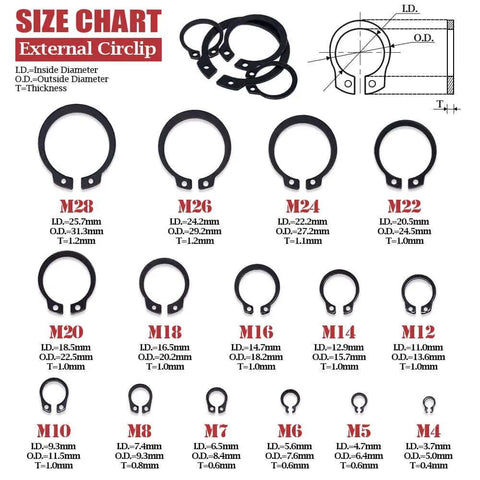 External Circlip Snap Retaining Ring Kit Alloy Steel 150 Piece Assortment For 4mm To 28mm Sizes size chart diagram.