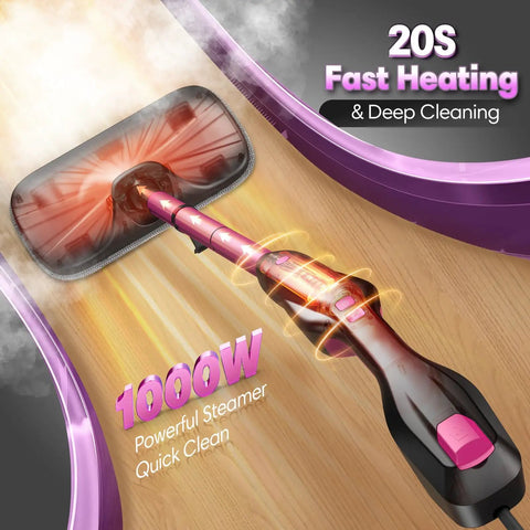 Heavy Duty Steam Mop Cleaner With Self Standing Base And Swivel Head High Temp Handheld Steamer For No Sweat Cleaning on hardwood floor.