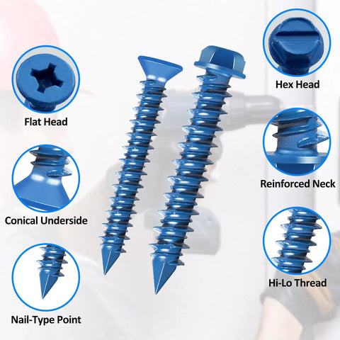 Concrete Screws Kit With Drill Bit And Driver Bit For DIY Projects, blue coated masonry screws with flat and hex heads