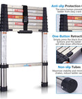 Stainless Steel Telescoping Ladder 8.5 Ft With One Button Retraction And No Wobble Safe Slow Down Mechanism Portable Extension Ladder