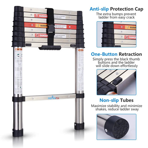 Stainless Steel Telescoping Ladder 8.5 Ft With One Button Retraction And No Wobble Safe Slow Down Mechanism Portable Extension Ladder