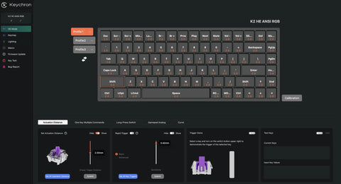 Keychron K2 HE ANSI RGB customizable keyboard software interface showcasing key layout and features for Next Level Wireless Gaming Mechanical Keyboard With Compact 96 Layout And Rapid Magnetic Switches Hot Swap Programmable Rgb Backlight Bluetooth Wired Setup Fire Performance For Mac Windows.