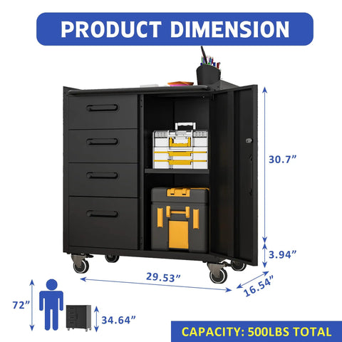 Heavy Duty Mobile Tool Storage Cabinet With Four Drawers And A Locking Door, On Wheels Tool Cart For Garage Or Workshop