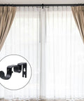 Image of Double Curtain Rod Bracket Set, 6 Pack Metal Wall Mount Holders for 1 Inch Curtain Rods, with curtains displayed.