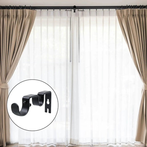 Image of Double Curtain Rod Bracket Set, 6 Pack Metal Wall Mount Holders for 1 Inch Curtain Rods, with curtains displayed.