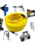 Heavy Duty 3/8 Inch By 100 Ft Hybrid Air Hose Delivering 300 Psi With Kink Resistant Build and all weather flexibility with fittings.
