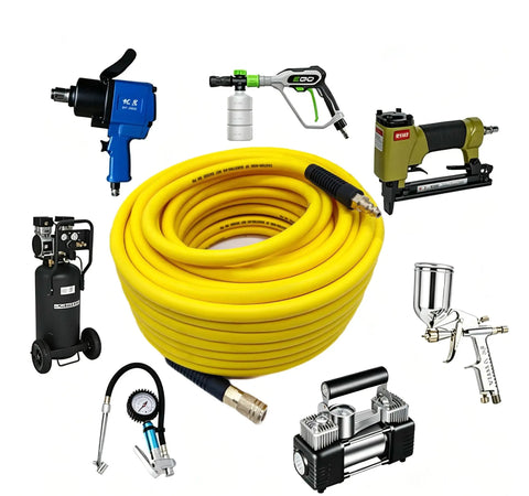 Heavy Duty 3/8 Inch By 100 Ft Hybrid Air Hose Delivering 300 Psi With Kink Resistant Build and all weather flexibility with fittings.