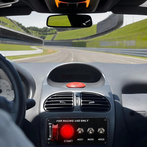 12V Racing Car Ignition Switch Panel 5 In 1 with Engine Start Button and LED Toggle Switches on car dashboard