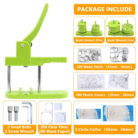 Ultimate Button Maker Machine Kit With Adjustable 2 Inch And 1.25 Inch Dies for DIY crafts showing included molds and tools.