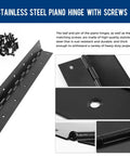 Rock Solid Four Foot Continuous Piano Hinge Built Tough As Nails With Zero Rust Black Stainless Steel Includes Screws, showing hinge details.