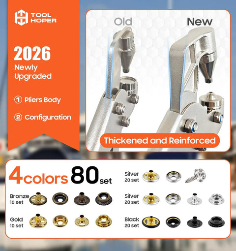 All In One Snap Fastener Kit With Quick Install Tool for DIY leather sewing, showing upgraded pliers and snaps in four colors.