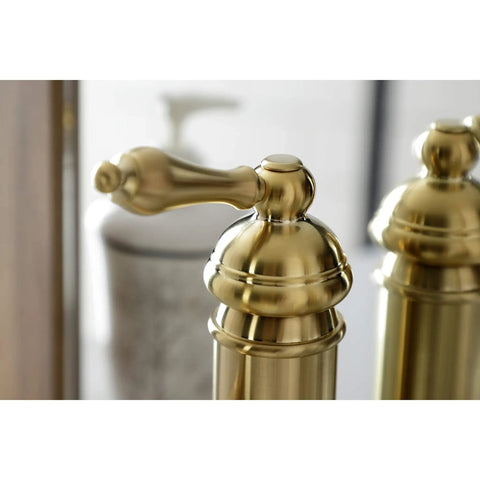 Close-up of American Classic Brushed Brass Bathroom Faucet With Solid Brass Build, Drip-Free Ceramic Disc, showing handle design.