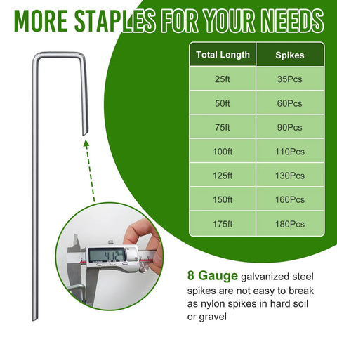 Close-up of 8 gauge metal staple and measurement for Three Inch Tall Landscape Edging Border Kit With Twenty Five Feet Coil.