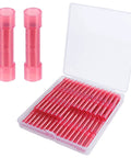 Front view: red PA66 nylon insulated butt connectors in a clear plastic storage case, 100 pcs for 22-16 AWG wires