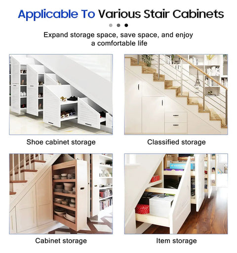 Various stair cabinet storage solutions for shoes, classified items, cabinets, and other items with white finish.