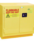 Heavy Duty Flammable Safety Cabinet 30 Gallon Under Counter Chemical Storage Double Door Fire Rated Workshop Storage in classic bright yellow.