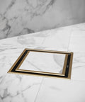 Tile In Shower Drain Kit In Gold With Marine 316 Stainless Steel Frame And ABS Base Lagos Veil Line Square Design